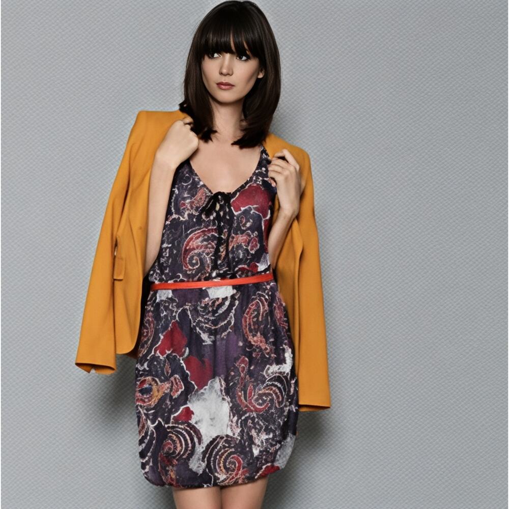 Free People Falling for Georgette Mini Dress Sz S Purple Paisley Lace Up Pockets